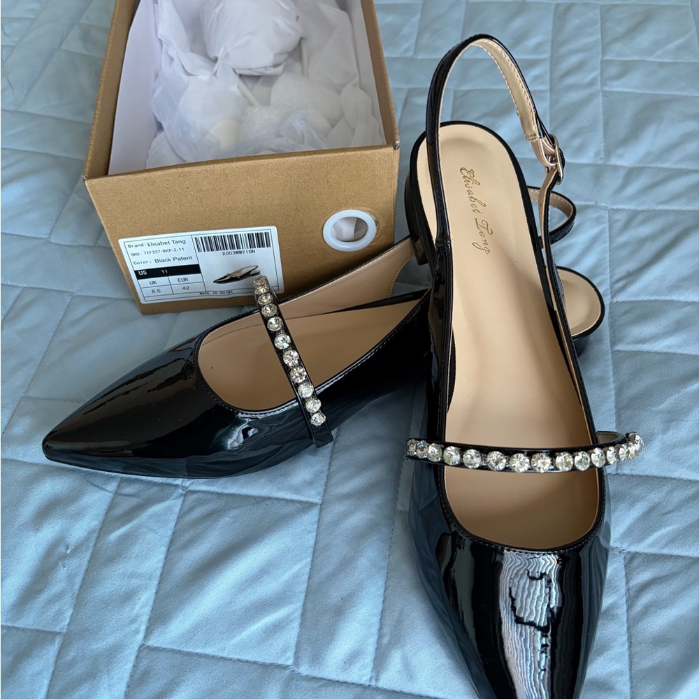 Black Patent Leather Flats with Rhinestone Strap